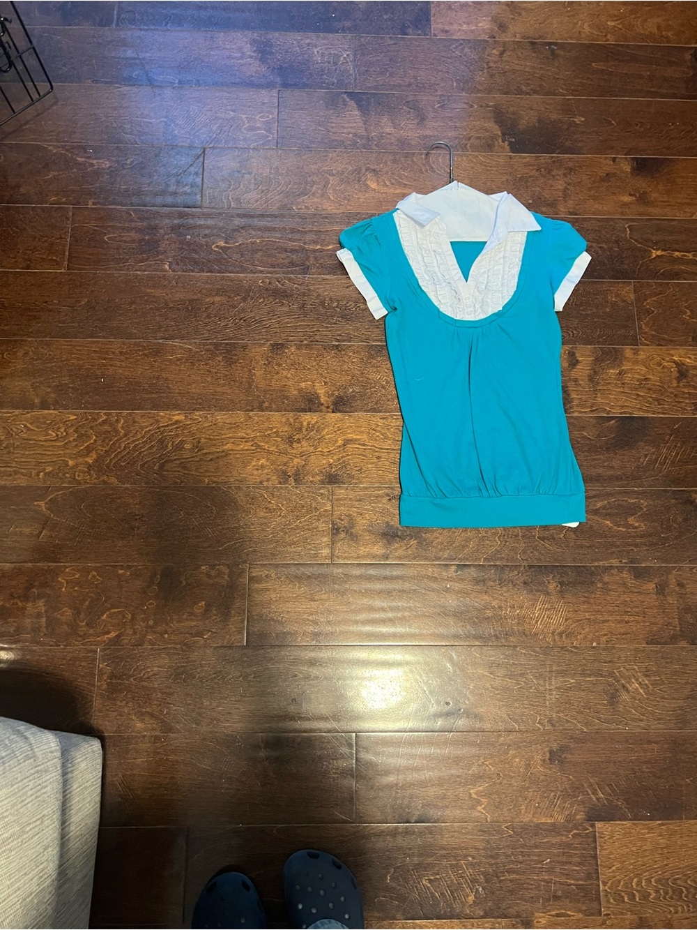Paris Blues Teal Short-Sleeve Blouse with White Mock Collar